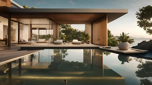 3D rendering of a modern house with a swimming pool