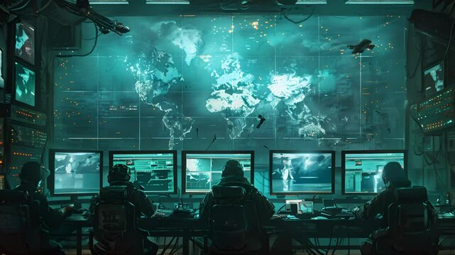 soldiers monitoring a map of the world