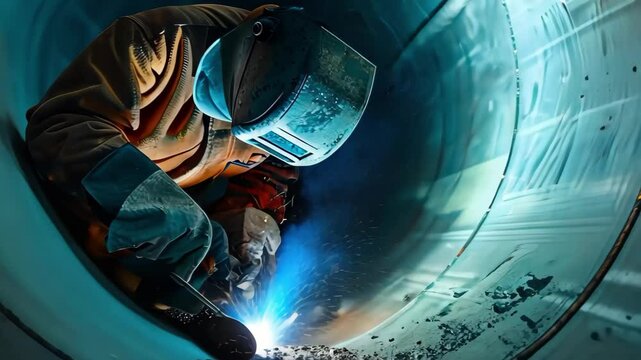 A welder is working inside a cylindrical structure, using a welding torch that creates bright sparks and smoke.