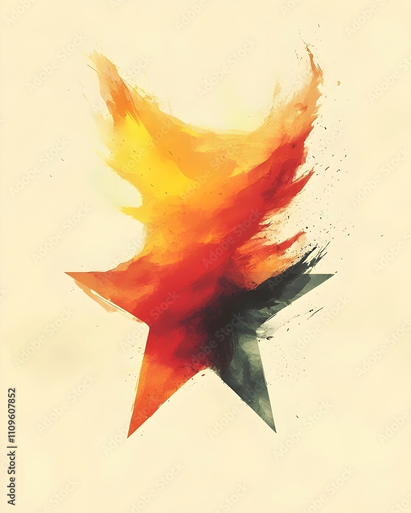 Poster an abstract star design with fiery orange and red hues blending into a cool gray shade, creating a d
