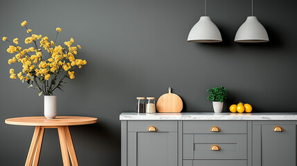 elegant interior with gray drawers under kitchen cabinet. 