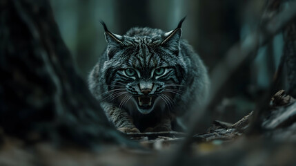 A shadowy lynx in a dark forest, its glowing eyes piercing through the eerie surroundings.
