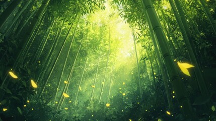 Lush green bamboo forest, with sunlight in the morning background wallpaper AI generated image