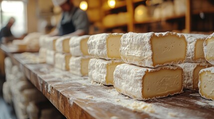 Blocks of cheese rest on a wooden table in a cozy workshop, where artisans carefully work, surrounded by the rich scents of aged varieties