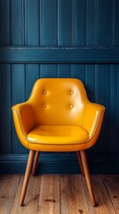 A vibrant yellow chair with button accents sits poised against a rich blue wall, showcasing modern design and elegance