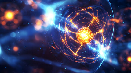 Obraz premium A glowing atomic structure with fiery orange and blue energy lines, symbolizing scientific innovation and energy fusion.