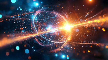 Obraz premium A glowing circular pattern of light particles and streaks resembling a cosmic collision or a futuristic orbital energy event.