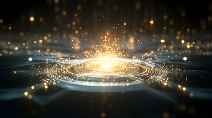 Obraz premium A glowing golden ring of energy particles radiating from the center, creating the illusion of a cosmic portal or energy field.