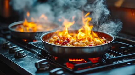 Bright flames leap from skillets filled with colorful vegetables, creating an energetic atmosphere in a lively kitchen at dusk