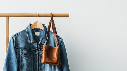 Blue jeans resting on a wooden clothes rack, topped with a matching denim jacket. A brown leather handbag hangs from the rack against a white background. 