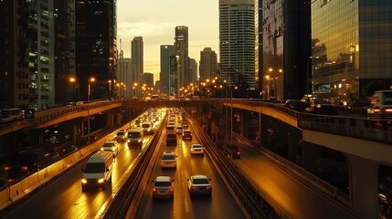 Fototapeta premium A busy flyover during rush hour, with vehicles of all sizes, surrounded by skyscrapers background wallpaper AI generated image