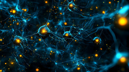 A glowing network of blue and orange neural connections forming intricate patterns, representing advanced data flow and energy systems.

