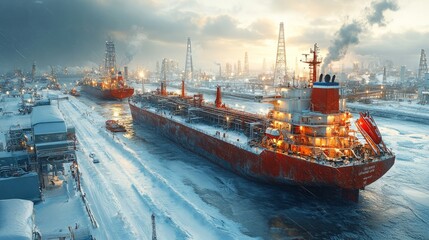 Fototapeta premium Large tankers navigate icy waters in a busy harbor, set against a vibrant winter sunset and industrial backdrops