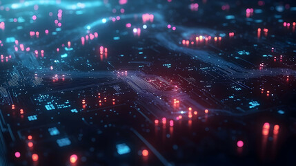 Obraz premium A futuristic cityscape viewed from above, glowing with pink and blue lights, symbolizing modern urban technology and data-driven innovation.