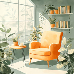  featuring a close up of greenhouse tall corner with arm chair, small table, coffee very few books and plants around in pots. 