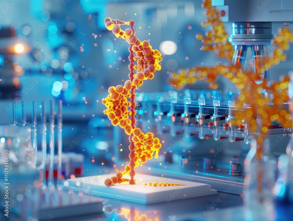 Poster a vibrant molecular structure displayed in a laboratory setting.
