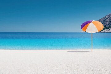 beach vacation settings, sun shining on sandy beach with vibrant umbrellas and loungers, overlooking endless blue sea