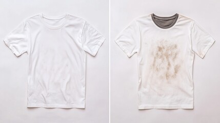 Comparison of White T-shirt Before and After Treatment

This side-by-side image shows a white t-shirt before and after treatment with laundry detergent or bleach