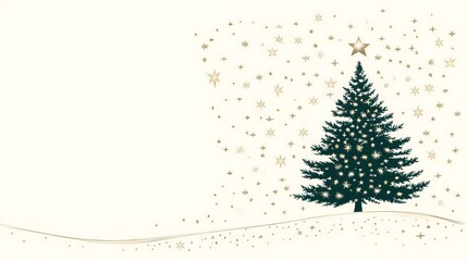 Minimalist Christmas card with a tree silhouette and golden stars on a cream background.