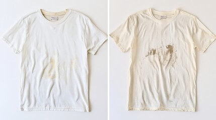 Comparison of White T-shirt Before and After Treatment

This side-by-side image shows a white t-shirt before and after treatment with laundry detergent or bleach