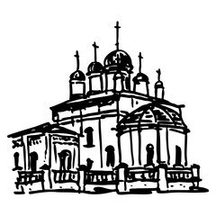 Holy Trinity Church. White Trinity Church. Cathedral of the White Trinity, Tver, Russia. Orthodox temple. Hand drawn linear doodle rough sketch. Black and white silhouette.