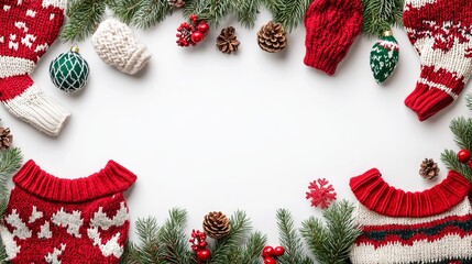 Cozy Christmas sweaters adorn a pristine white backdrop, forming a festive banner. The sweaters exude warmth and cheer, inviting you to embrace the holiday spirit. 