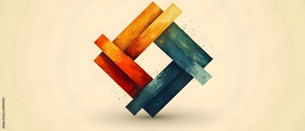 Poster an abstract geometric design featuring interwoven colorful strips in shades of orange, yellow, and b