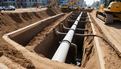 Public works to install sewage pipes in a city. 