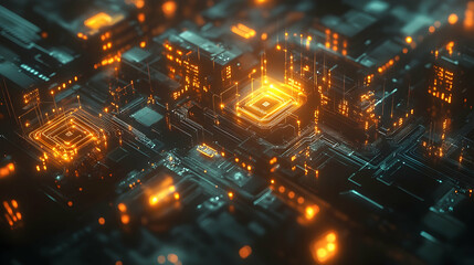A bird's-eye view of a futuristic circuit board glowing with vibrant golden lights, symbolizing the power and energy of advanced computing.

