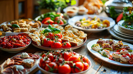 Many different delicious dishes on the table: Various snacks and antipasti. Restaurant menu featuring Italian cuisine.
