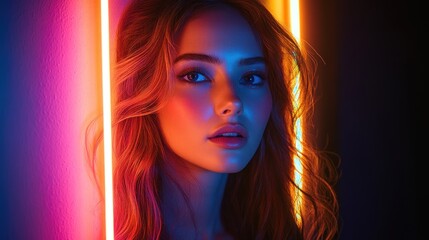 Striking portrait of a woman illuminated by vibrant neon lights in a dark setting