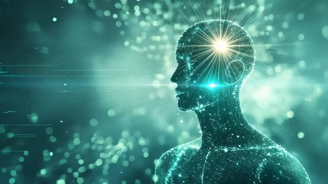 A digital representation of a human silhouette surrounded by glowing particles and light, suggestive of consciousness or thought.