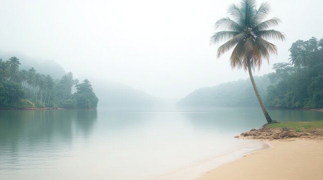 Tranquil misty morning at a serene riverside with swaying palm trees and soft sand - Powered by Adobe
