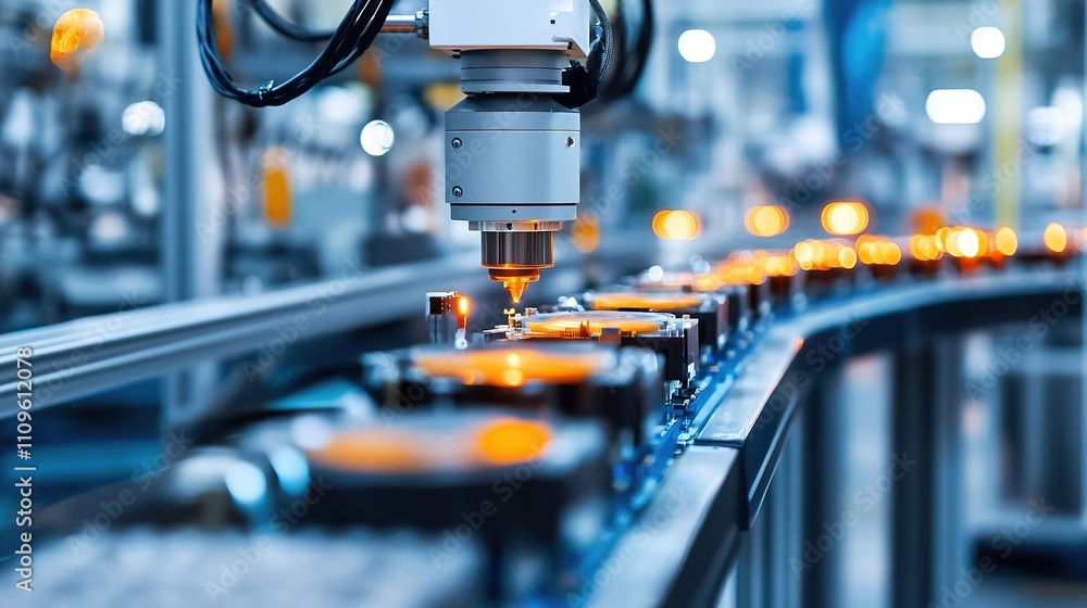 Poster a cutting-edge factory assembly line handling intricate electronic components.