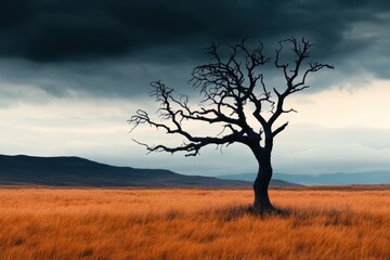 solitary tree in open field, its branches outstretched like arms reaching for the infinite, embodies themes of loneliness and longing
