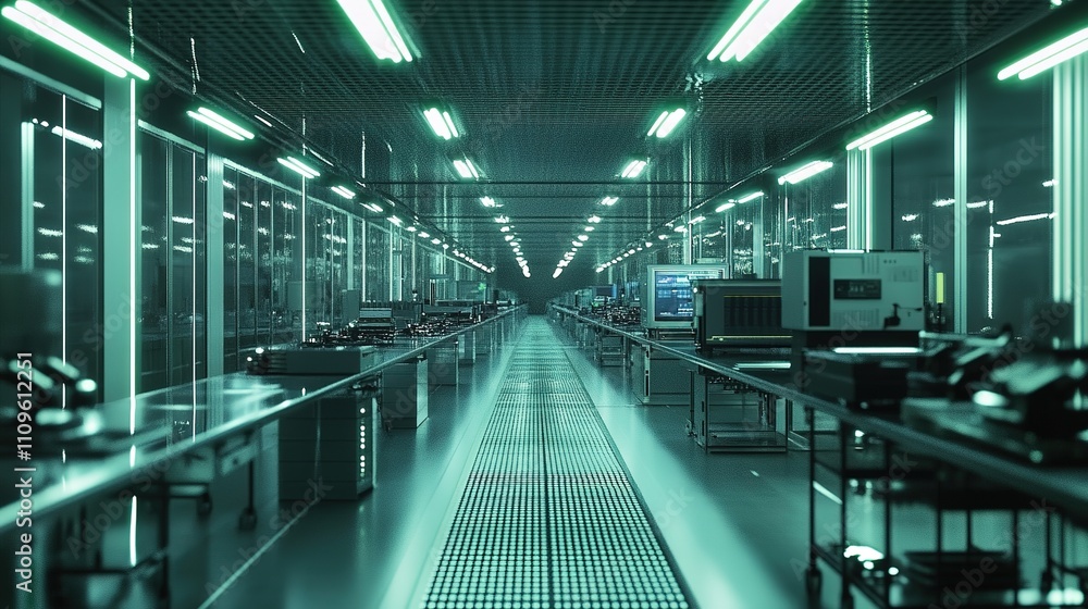 Poster a cutting-edge factory assembly line handling intricate electronic components.