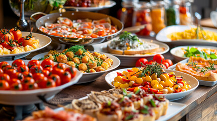 Many different delicious dishes on the table: Various snacks and antipasti. Restaurant menu featuring Italian cuisine.