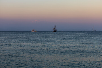 Seascape on the island of Rhodes. Boat on the sea surface