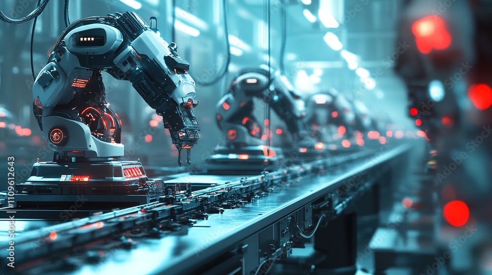 Poster a factory assembly line producing high-tech devices at high speed.