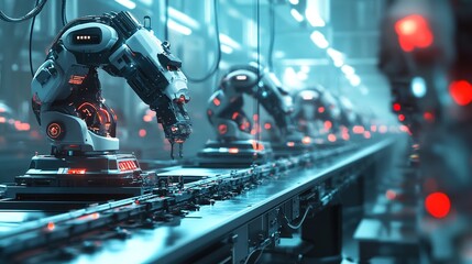 Obraz premium A factory assembly line producing high-tech devices at high speed.
