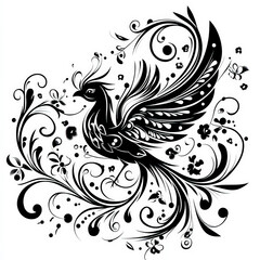 Fototapeta premium Phoenix Silhouette, Black And White Illustration Isolated On White Background