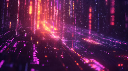 Obraz premium A vertical cascade of radiant pink and purple light beams on a dark background, symbolizing futuristic data streams.