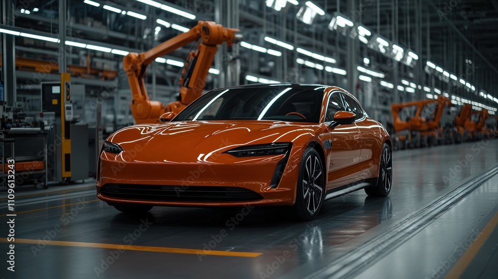 Poster skilled technicians collaborating to install a powerful engine in a modern automotive factory