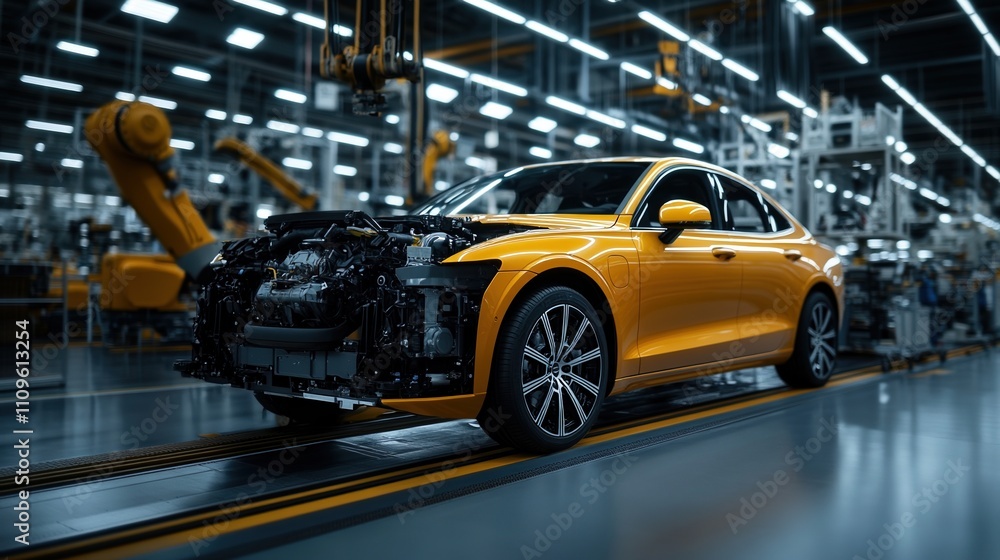 Aufkleber technicians install a powerful engine into a car chassis on the modern factory floor with advanced m