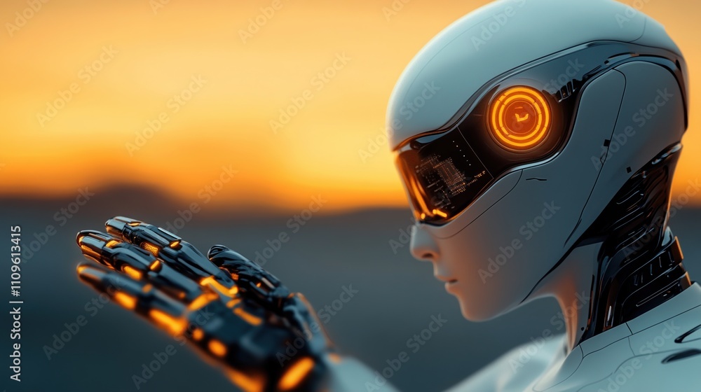 Poster advanced robotic figure illuminated by sunset, showcasing artificial intelligence technology in a fu