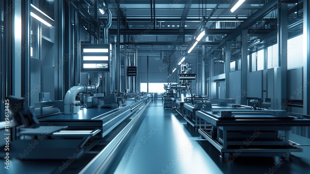 Poster a modern factory assembly line with fully automated machinery.