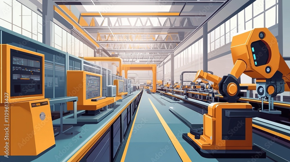 Poster a modern factory assembly line with fully automated machinery.