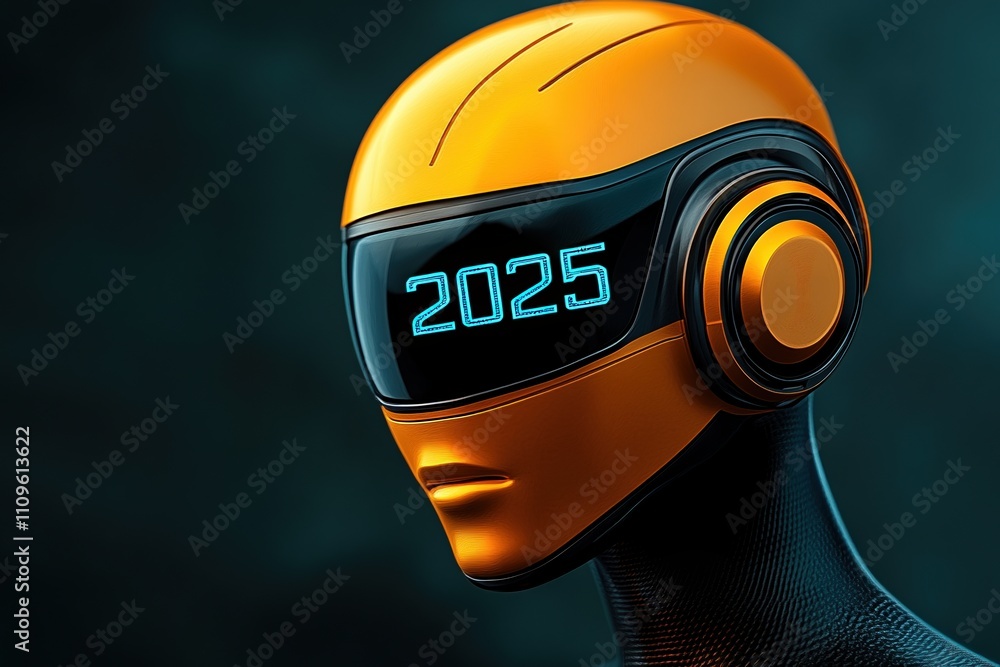 Poster futuristic artificial intelligence robot with digital display showcasing the year 2025 in a high-tec