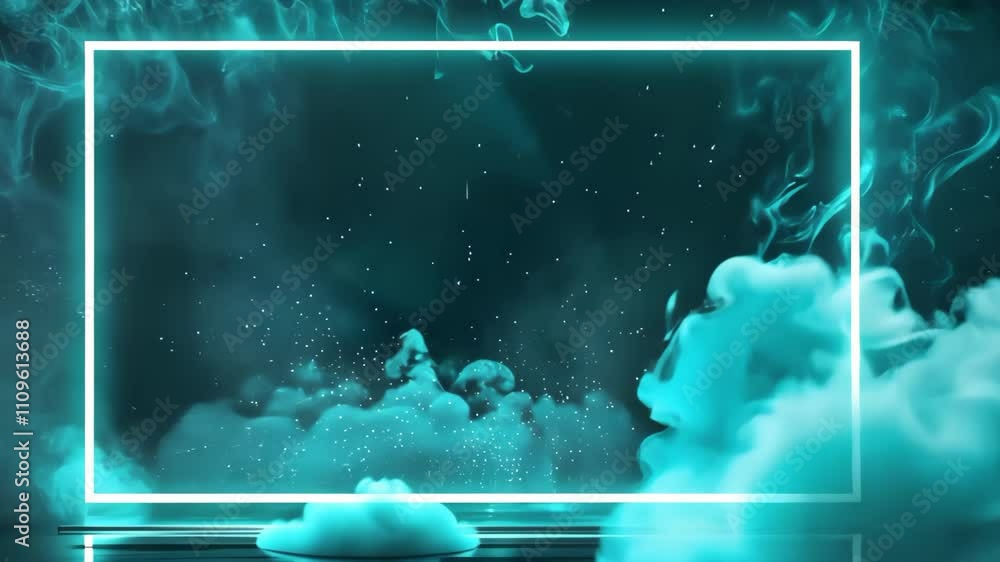 Aufkleber a digital artwork featuring a glowing rectangular frame surrounded by turquoise smoke and clouds in 