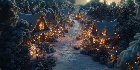 Obraz premium Snow-Covered Village with Christmas Lights at Night